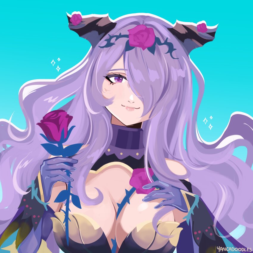 1girl, absurdres, breasts, camilla_(fire_emblem), camilla_(resplendent)_(fire_emblem), cleavage, fire_emblem, fire_emblem_fates, fire_emblem_heroes, hair_over_one_eye, highres, large_breasts, long_hair, nintendo, purple_eyes, purple_hair, solo, yancadoodles