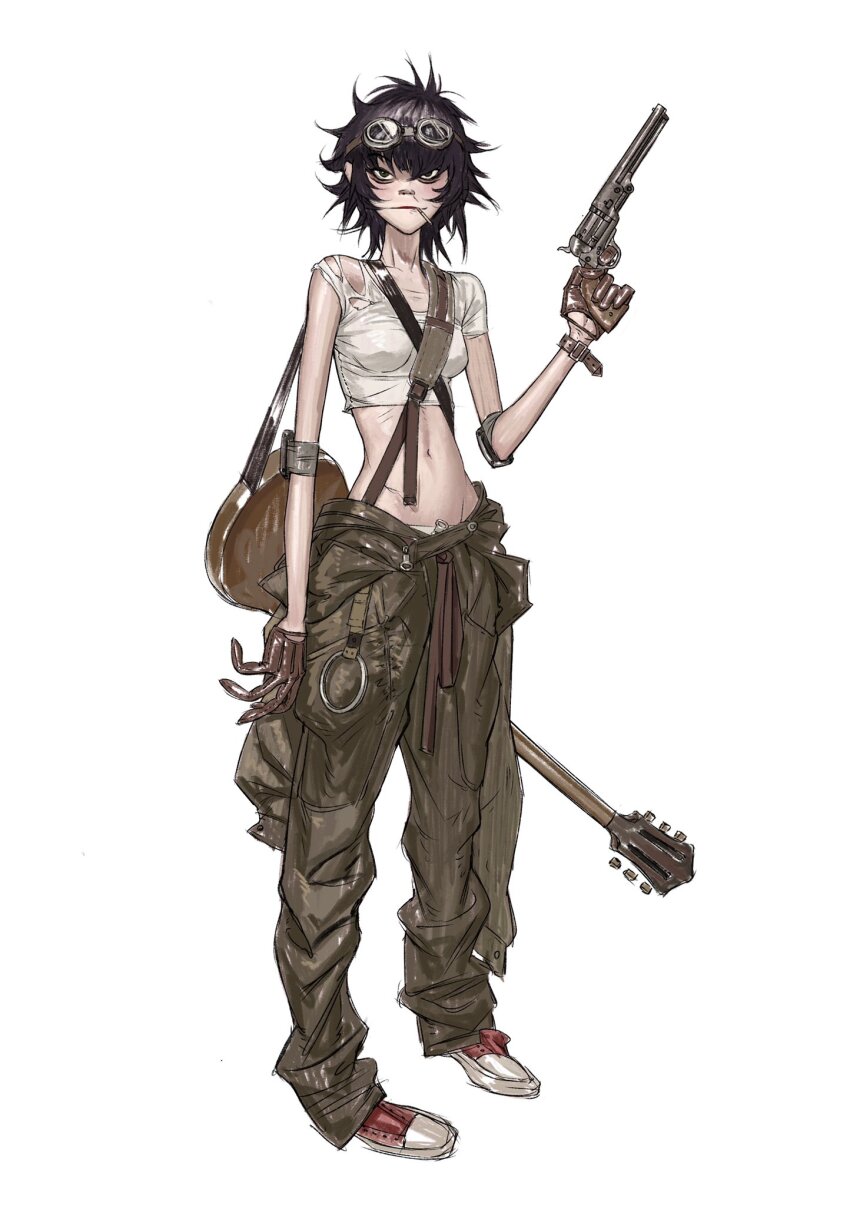 1girl, bags_under_eyes, black_hair, breasts, character_request, check_character, check_copyright, copyright_request, gloves, gorillaz, guitar, gun, highres, instrument, looking_at_viewer, messy_hair, navel, noodle_(gorillaz), shirt, short_hair, simple_background, sleeveless, sleeveless_shirt, solo, weapon, white_background, white_shirt, xfgs