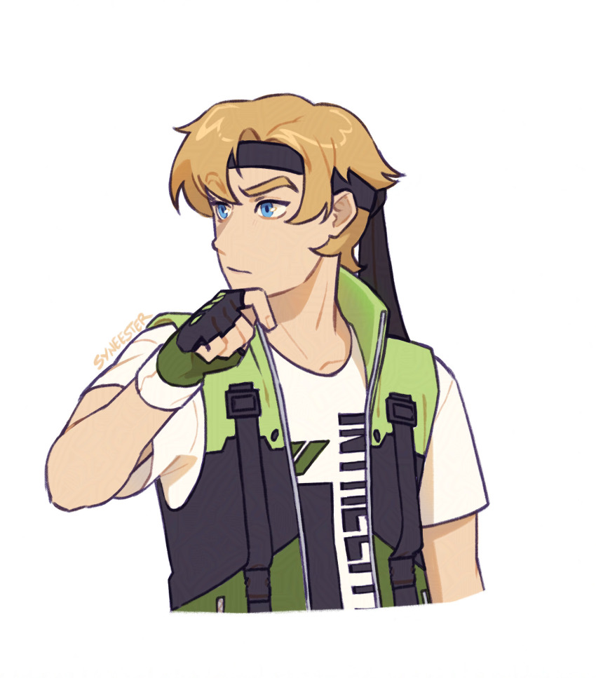 1boy, black_headband, blonde_hair, blue_eyes, commentary, cropped_torso, english_commentary, gloves