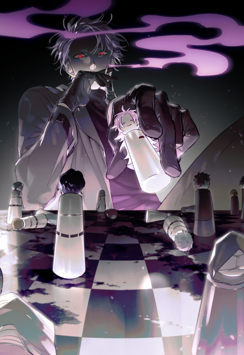 1boy, annie_(saibou_shinkyoku), black_gloves, chessboard, cigarette, commentary_request, dreyfus_zweig, enomoto_george