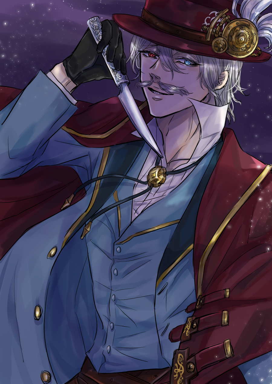 1boy, black_gloves, blue_eyes, brooch, coat, collarbone, collared_shirt, facial_hair