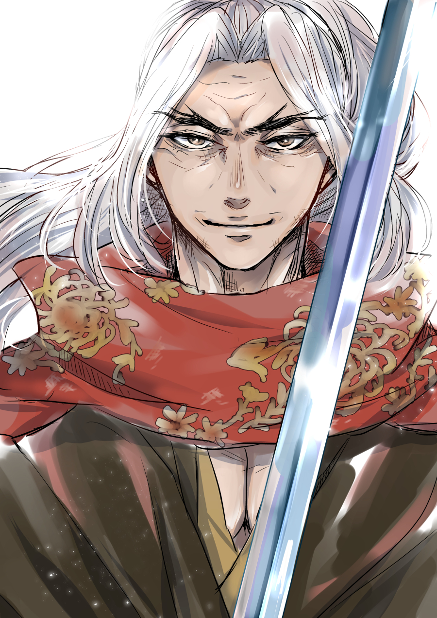 1boy, brown_eyes, brown_haori, facing_viewer, floral_print, grey_hair, haori, highres
