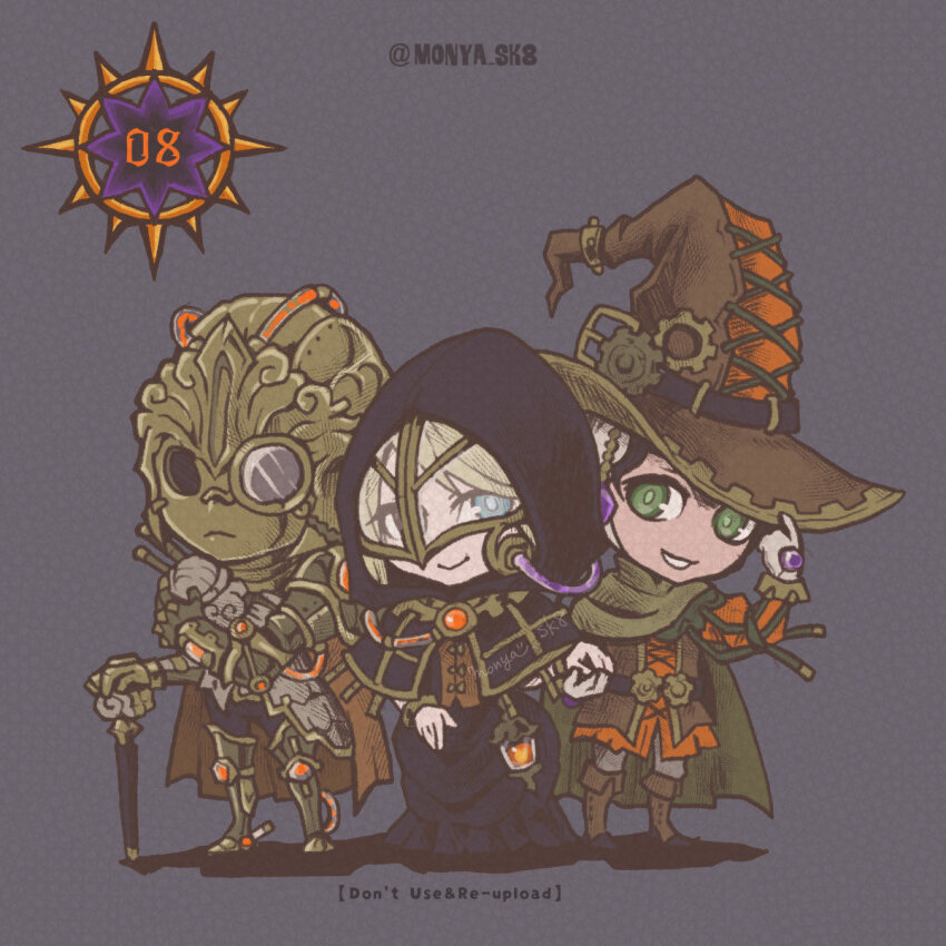 1girl, 2boys, alternate_costume, black_capelet, black_dress, black_hood, blonde_hair, blue_eyes