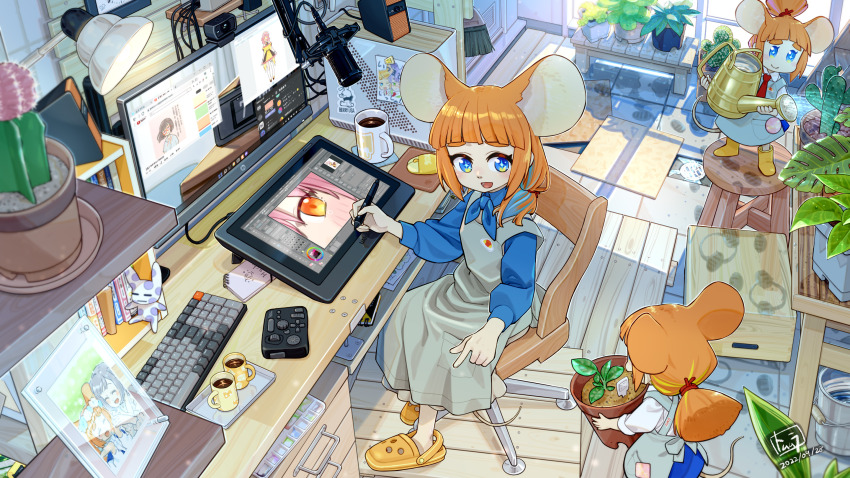 3girls, absurdly_detailed_composition, alternate_costume, alternate_hairstyle, animal_ears, apron, arched_back, artist_name