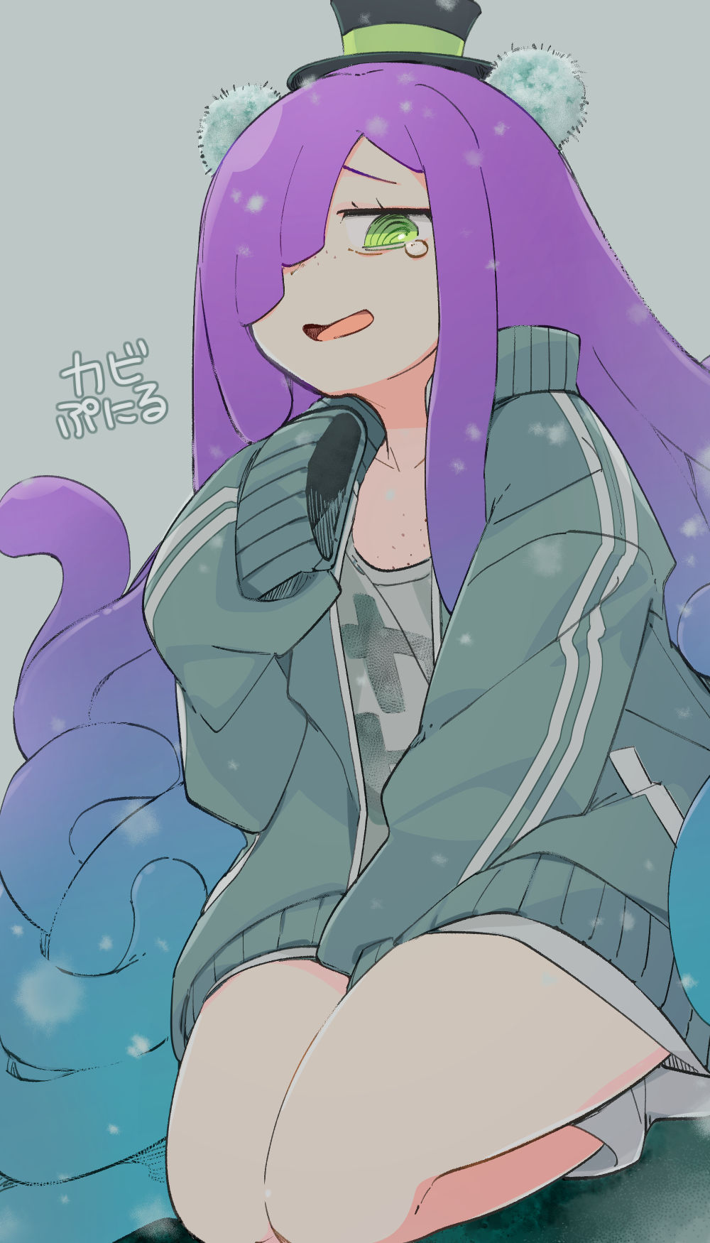 1girl, @_@, between_legs, black_hat, blue_hair, character_name, commentary_request, freckles