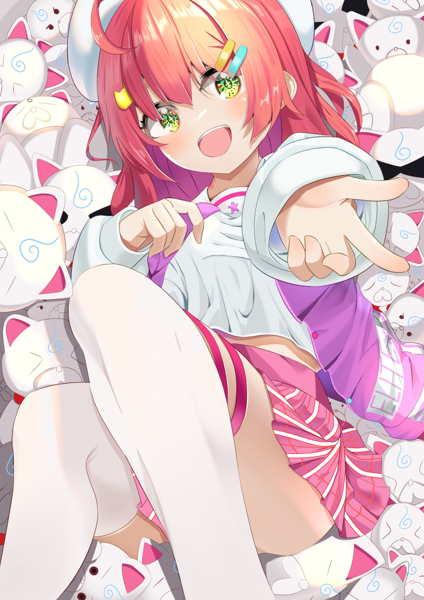 1girl, 3577m, 35p_(sakura_miko), absurdres, ahoge, bandaid, bandaid_hair_ornament, beret, green_eyes, hair_ornament, hairclip, hat, highres, hololive, jacket, knees_up, letterman_jacket, lying, midriff_peek, official_alternate_costume, on_back, pink_hair, pink_jacket, pink_skirt, plaid_clothes, plaid_skirt, sakura_miko, sakura_miko_(school_uniform), school_uniform, serafuku, skirt, smile, solo, teeth, thigh_strap, thighhighs, tongue, upper_teeth_only, virtual_youtuber, w, white_serafuku, white_thighhighs