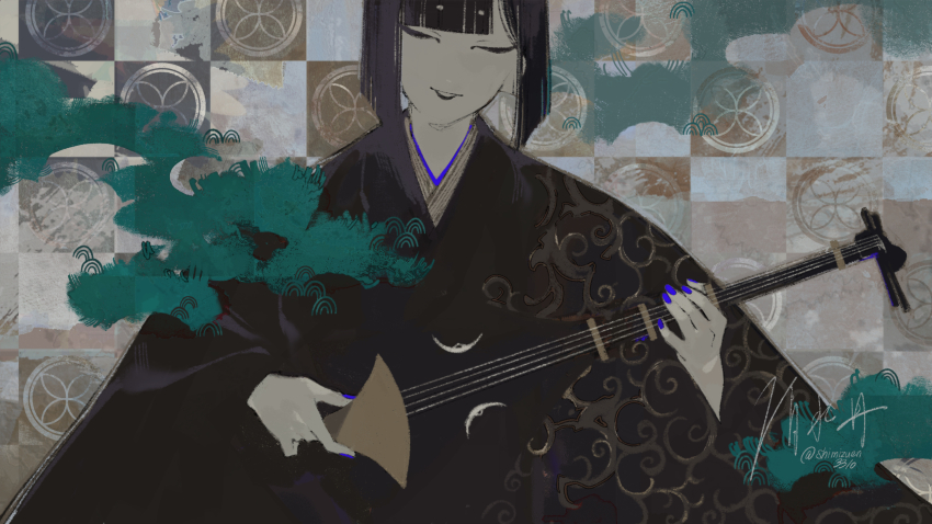 1boy, androgynous, biwa_lute, biwahoushi, black_hair, black_kimono, blue_nails, blunt_bangs, highres, holding, holding_instrument, instrument, japanese_clothes, kimono, long_sleeves, lute_(instrument), music, nail_polish, original, parted_lips, playing_instrument, print_kimono, shimizu_en_(shimizuen3310), solo, twitter_username, upper_body