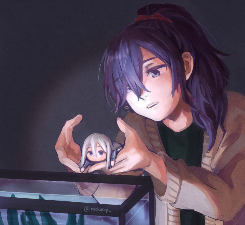 2girls, aquarium, asahina_mafuyu, black_shirt, blue_eyes, blue_jacket, brown_jacket, commentary, english_commentary, grass, grey_hair, hair_over_one_eye, highres, jacket, looking_at_another, mini_person, minigirl, multiple_girls, open_mouth, ponytail, project_sekai, purple_eyes, purple_hair, rockdrop, shirt, signature, surreal, tumblr_ask, yoisaki_kanade