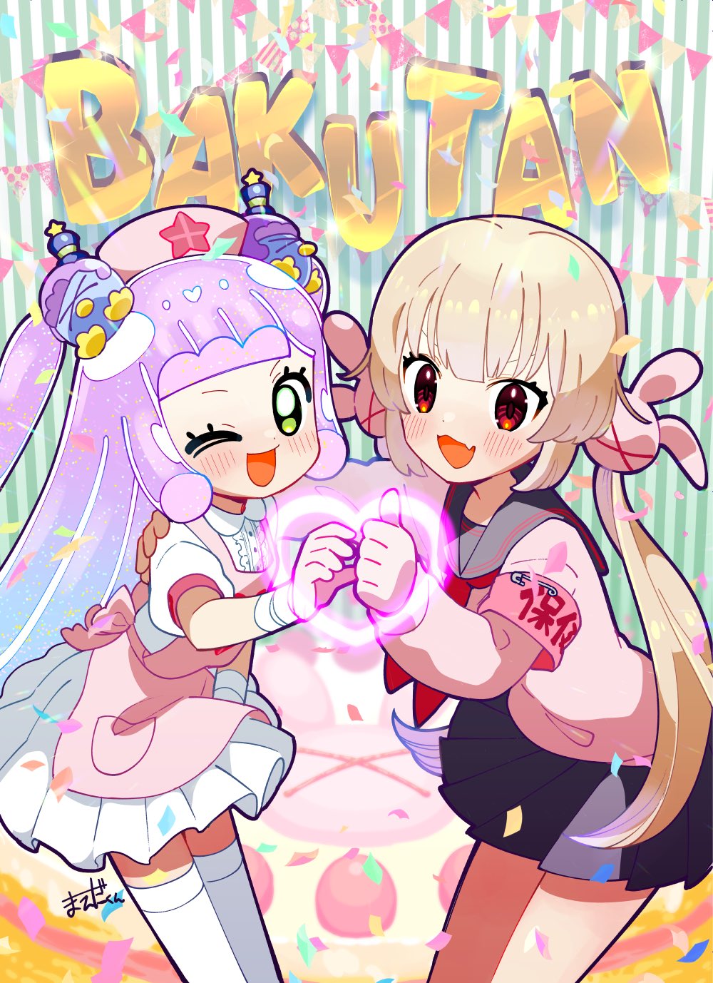 2girls, :d, ;d, apron, armband, black_skirt, blonde_hair, blunt_bangs