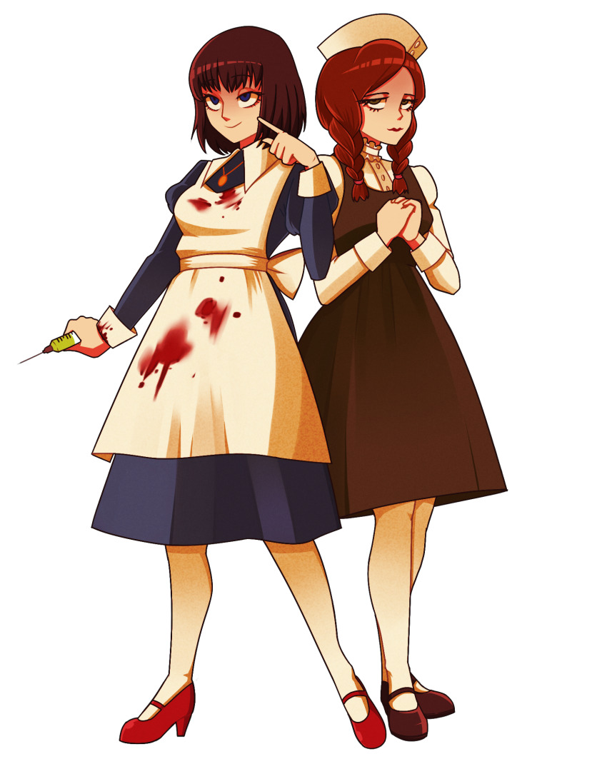 2girls, aged_up, apron, aya_drevis, black_hair, blood, blood_on_clothes, blue_dress