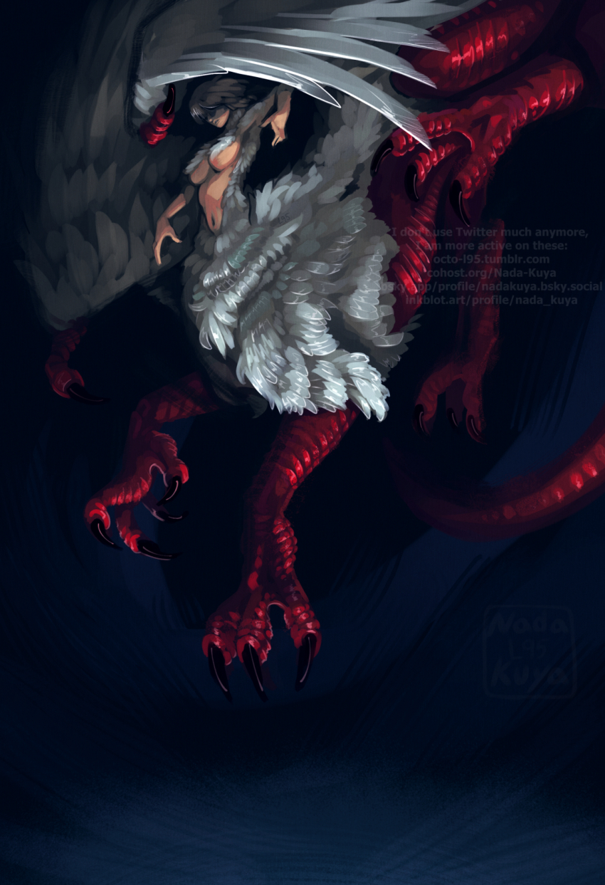 1girl, alt_text, blonde_hair, blue_background, breasts, chimera, commentary, dungeon_meshi, english_commentary, falin_touden, falin_touden_(chimera), feathers, hair_over_eyes, highres, large_breasts, monster, monster_girl, navel, octo-l95, short_hair, solo, talons, underboob, watermark, web_address, white_feathers, wings