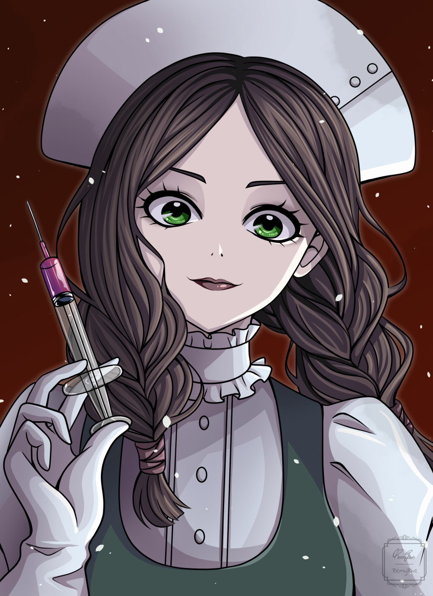 1girl, absurdres, blood, braid, brown_hair, gloves, green_eyes, hat, highres, holding, holding_syringe, lipstick, looking_at_viewer, mad_father, makeup, maria_(mad_father), nurse, nurse_cap, red_background, red_lips, remyfive, solo, syringe, twin_braids, upper_body, white_gloves