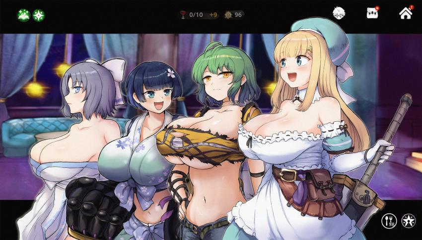 4girls, armpits, belt_pouch, blonde_hair, blue_eyes, blue_hair, blue_hat, blush, breasts, brown_dust_(series), brown_dust_2, cleavage, closed_mouth, commentary, couch, dress, expressionless, eyebrows_hidden_by_hair, fake_screenshot, flower, gameplay_mechanics, greatsword, green_hair, green_kimono, grey_hair, hair_between_eyes, hair_flower, hair_ornament, hair_ribbon, hand_on_own_hip, hat, highres, hikage_(senran_kagura), holding, holding_sword, holding_weapon, japanese_clothes, kimono, large_breasts, looking_at_another, looking_at_viewer, multiple_girls, navel, open_mouth, os_(kazos), pouch, power_fist, ribbon, senran_kagura, senran_kagura_new_link, shirt, smile, stomach, sword, torn_clothes, torn_shirt, upper_body, weapon, white_dress, white_kimono, yellow_eyes, yellow_shirt, yomi_(senran_kagura), yozakura_(senran_kagura), yumi_(senran_kagura)
