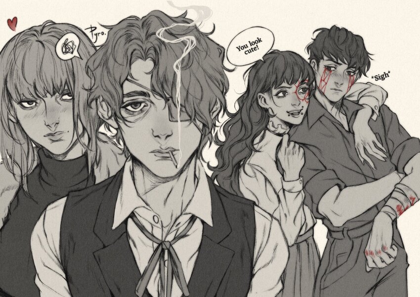 2boys, 2girls, arm_around_shoulder, artist_name, bandaged_wrist, bandages, blood, bloody_bandages