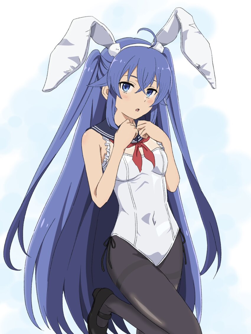 1girl, ahoge, animal_ears, armpits, black_footwear, black_pantyhose, blue_eyes, blue_hair