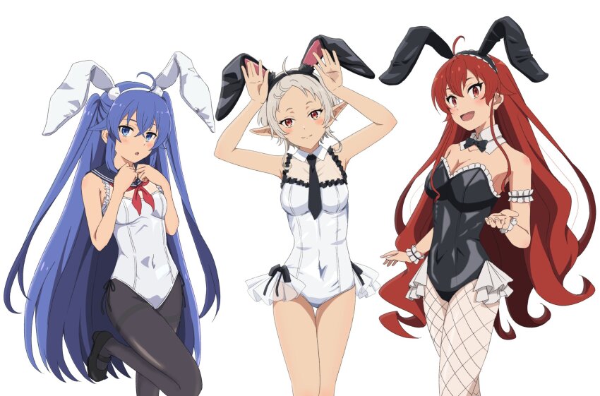 3girls, ahoge, animal_ears, armband, armpits, black_bow, black_bowtie, black_footwear, black_leotard, black_necktie, black_pantyhose, blue_eyes, blue_hair, blue_sailor_collar, blush, bow, bowtie, breasts, cleavage, closed_mouth, collar, covered_navel, elf, eris_greyrat, fake_animal_ears, fishnet_pantyhose, fishnets, frilled_armband, frilled_wrist_cuffs, frills, hair_between_eyes, highres, large_breasts, leotard, long_hair, looking_at_viewer, multiple_girls, mushoku_tensei, necktie, open_mouth, pantyhose, playboy_bunny, pointy_ears, rabbit_ears, rabbit_pose, red_eyes, red_hair, roxy_migurdia, sailor_collar, short_hair, simple_background, small_breasts, smile, standing, standing_on_one_leg, sylphiette_(mushoku_tensei), very_long_hair, white_background, white_collar, white_hair, white_leotard, wrist_cuffs, yaken_(11keionnota06)