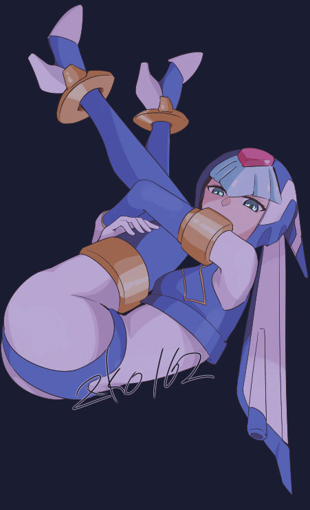 1girl, armor, artist_name, blue_armor, blue_eyes, blue_helmet, fairy_leviathan_(mega_man), forehead_jewel, full_body, helmet, looking_at_viewer, mega_man_(series), mega_man_zero_(series), signature, solo, zko162