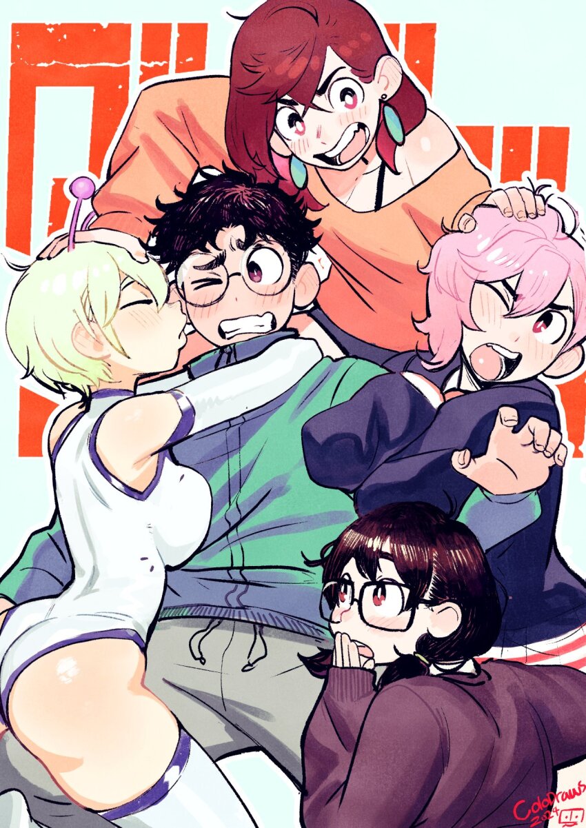 1boy, 4girls, ass, ayase_momo, black_hair, blonde_hair, breasts, brown_hair, character_request, colo_(nagrolaz), dandadan, glasses, hair_tubes, harem, highres, large_breasts, leotard, long_hair, medium_breasts, medium_hair, multiple_girls, pink_hair, red_eyes, sawaki_rin, shiratori_aira_(dandadan), short_hair, simple_background, takakura_ken_(dandadan), thighhighs, vamola_(dandadan), white_background, white_thighhighs