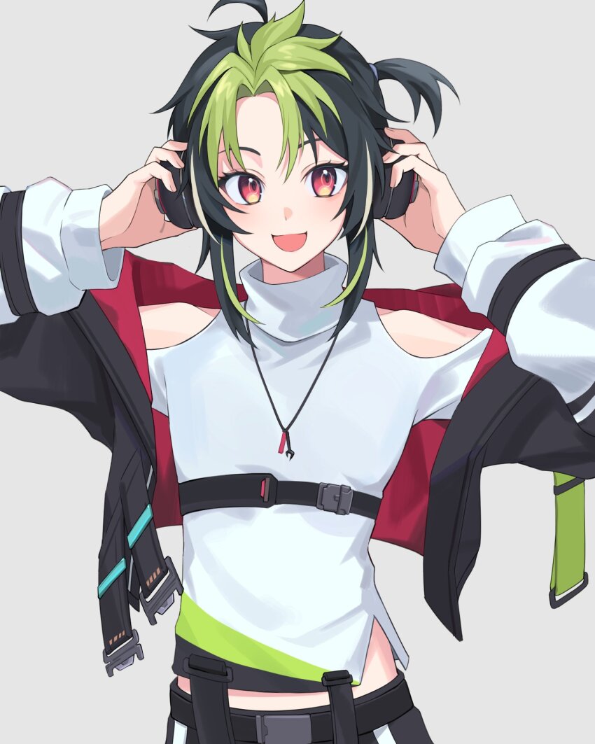 1boy, :d, adjusting_clothes, adjusting_headwear, ahoge, androgynous, bare_shoulders, black_hair, black_jacket, clothing_cutout, commentary_request, fingernails, green_hair, grey_background, hands_up, highres, inami_rai, inami_rai_(2nd_costume), jacket, long_sleeves, male_focus, medium_hair, midriff, multicolored_hair, nijisanji, one_side_up, open_clothes, open_jacket, open_mouth, parted_hair, puffy_long_sleeves, puffy_sleeves, red_eyes, renico, shoulder_cutout, simple_background, smile, solo, streaked_hair, sweater, turtleneck, turtleneck_sweater, two-sided_fabric, two-sided_jacket, two-tone_hair, virtual_youtuber, white_sweater