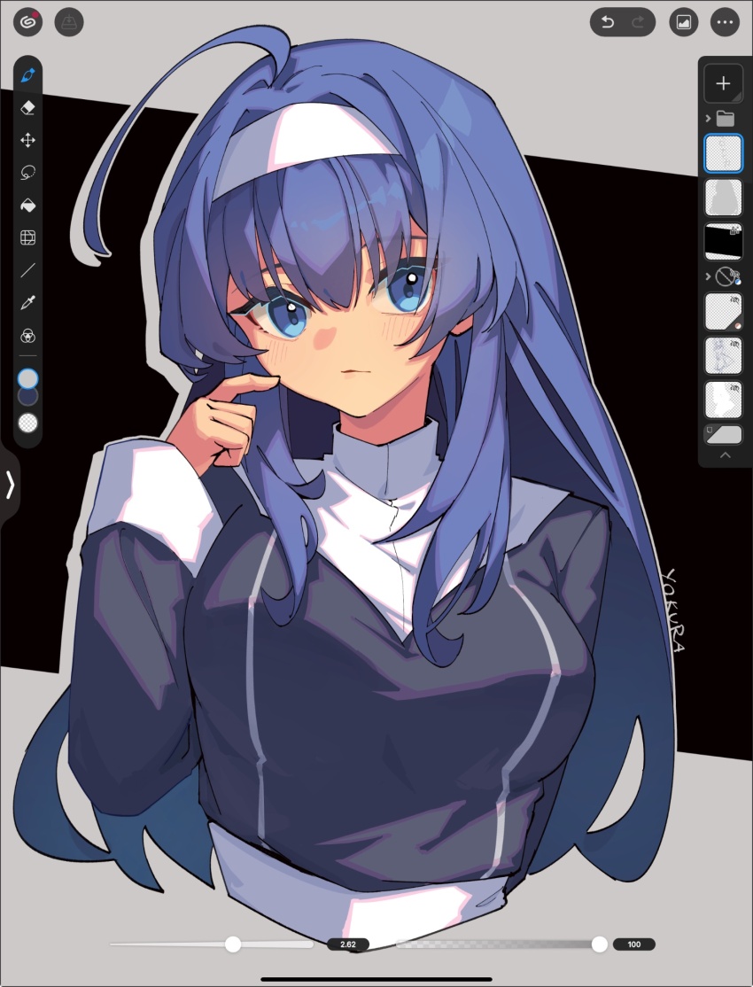 1girl, ahoge, art_program_in_frame, art_program_request, artist_name, blue_dress, blue_eyes, blue_hair