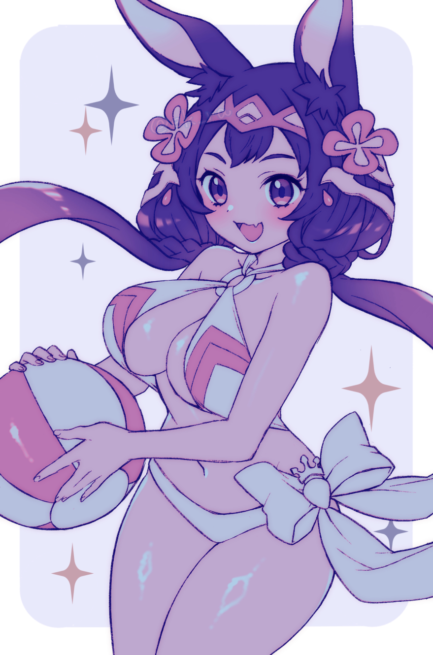 1girl, :d, alternate_costume, animal_ear_fluff, animal_ears, ball, bare_shoulders, beachball