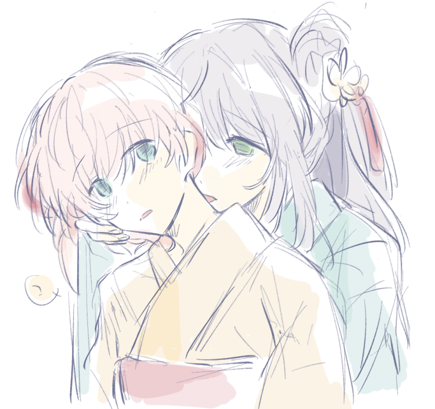 2girls, ?, blush, commentary, crossed_bangs, green_eyes, green_kimono, grey_hair