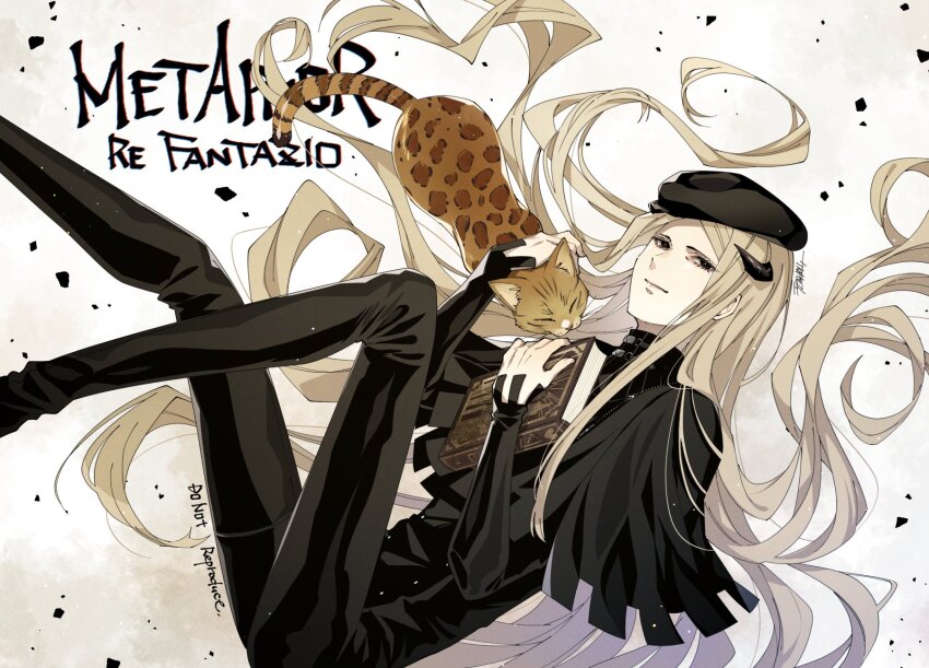 1boy, absurdly_long_hair, animal, arm_up, beret, black_hat, black_pants, black_shawl