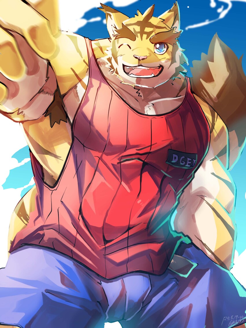 1boy, absurdres, animal_ears, armpit_hair, armpits, bara, belt, blue_eyes, blue_shirt, animal_nose, cloud, commentary_request, fangs, furry, furry_male, hand_in_pocket, highres, looking_at_viewer, male_focus, morenatsu, muscular, muscular_male, one_eye_closed, open_mouth, outstretched_arms, red_tank_top, shimazanbagu, shirt, sky, smile, tail, tank_top, tiger_boy, tiger_ears, tiger_stripes, tiger_tail, torahiko_oshima