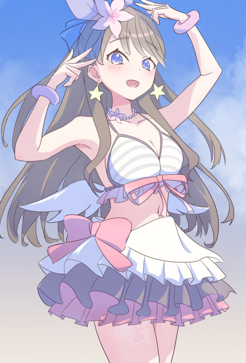 1girl, :d, arms_up, bikini, bikini_skirt, blue_background, blush, breasts