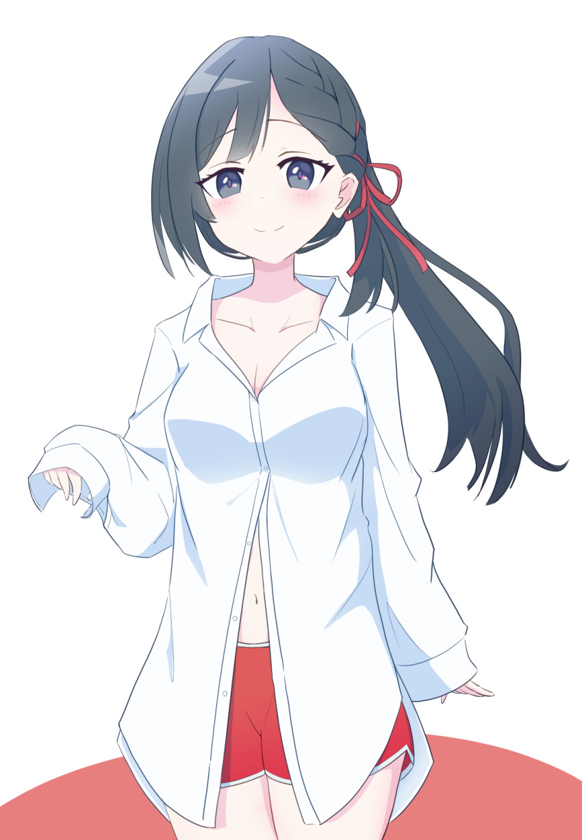 1girl, black_eyes, black_hair, blush, braid, breasts, cleavage, closed_mouth, collarbone, collared_shirt, dolphin_shorts, dress_shirt, hair_ribbon, highres, junnatsu, large_breasts, long_hair, long_sleeves, looking_at_viewer, love_live!, love_live!_nijigasaki_high_school_idol_club, navel, official_alternate_costume, oversized_clothes, oversized_shirt, partially_unbuttoned, red_ribbon, red_shorts, ribbon, ribbon_braid, shirt, shorts, side_ponytail, sleeves_past_wrists, smile, solo, split_mouth, tokimeki_no_mirai_chizu, white_shirt, yuki_setsuna