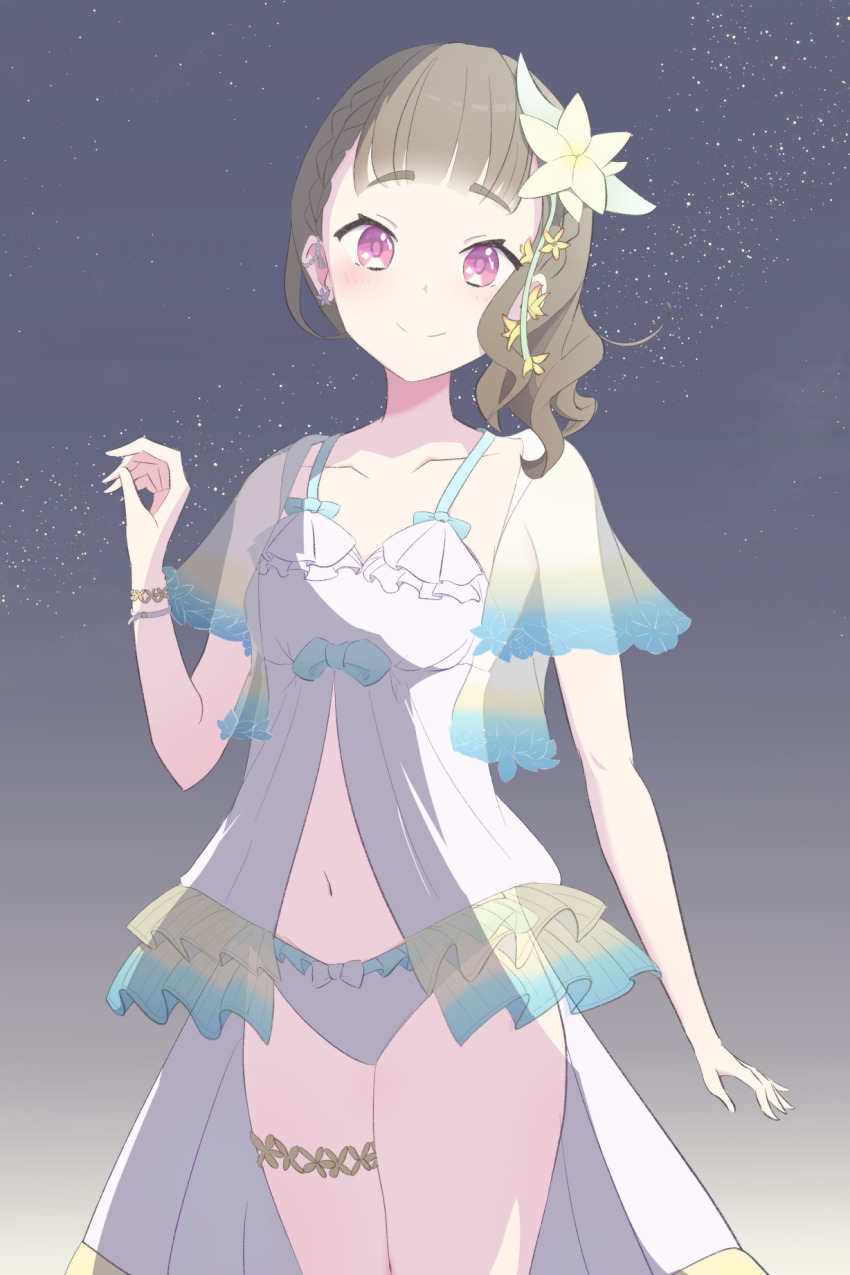 1girl, bikini, blush, braid, breasts, brown_hair, center-flap_bangs, closed_mouth, collarbone, commentary, cowboy_shot, flower, hair_flower, hair_ornament, hand_up, highres, jacket, jacket_over_swimsuit, junnatsu, kachimachi_kosuzu, link!_like!_love_live!, long_hair, love_live!, navel, night, official_alternate_costume, official_alternate_hairstyle, open_clothes, open_jacket, passion!!!!!!_(love_live!), pink_eyes, see-through_clothes, see-through_jacket, short-sleeved_jacket, short_sleeves, side_braids, sky, small_breasts, smile, solo, split_mouth, star_(sky), starry_sky, straight_hair, swimsuit, virtual_youtuber, wavy_hair, white_bikini, yellow_flower