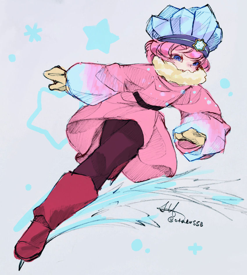 1boy, belt, black_belt, blue_eyes, blue_gem, boots, coat, commentary, copy_ability, diadem, english_commentary, full_body, fur_scarf, gem, grey_background, highres, ice, ice_kirby, ice_skates, ice_skating, kirby, kirby_(series), knee_boots, long_sleeves, looking_ahead, male_focus, mittens, nintendo, otaku553, pants, personification, pink_coat, pink_hair, procreate_(medium), puffy_long_sleeves, puffy_sleeves, purple_pants, red_boots, scarf, short_hair, signature, simple_background, skates, skating, solo, star_(symbol), tumblr_username, white_scarf, winter_clothes, yellow_mittens