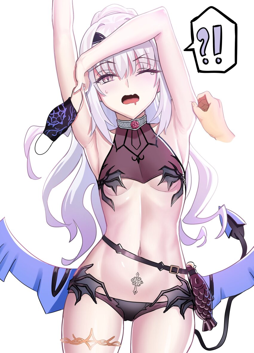 !?, 1girl, absurdres, arm_pinching, armpits, arms_up, bikini, black_bikini, breasts, cowboy_shot, fate/grand_order, fate_(series), forked_eyebrows, hair_between_eyes, high_ponytail, highres, holding, holding_mask, jewelry, long_hair, longdq3008, looking_at_viewer, mask, melusine_(fate), melusine_(swimsuit_ruler)_(fate), mouth_mask, navel, one_eye_closed, open_mouth, ponytail, pubic_tattoo, sidelocks, simple_background, small_breasts, solo, swimsuit, tail, tattoo, tears, thighlet, underboob, white_background, white_hair, wings, yellow_eyes