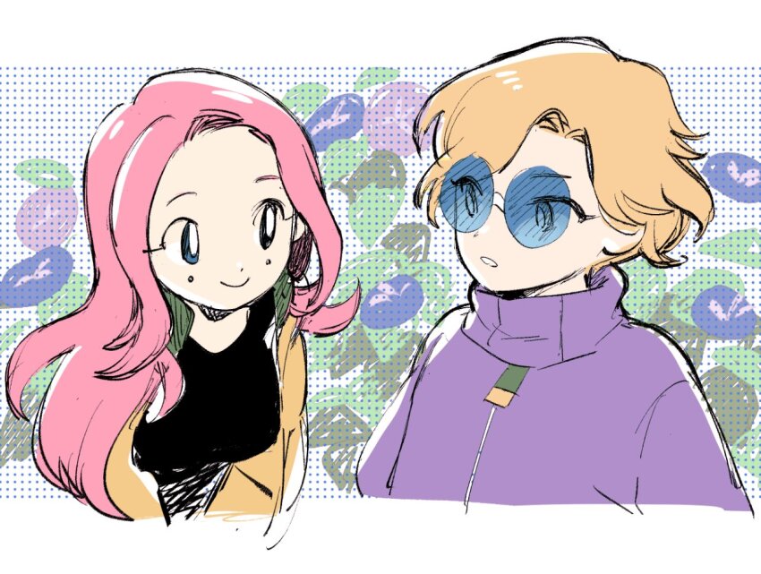 2girls, alva_(eastward), asymmetrical_bangs, black_shirt, blonde_hair, blue-tinted_eyewear, blue_eyes, blush_stickers