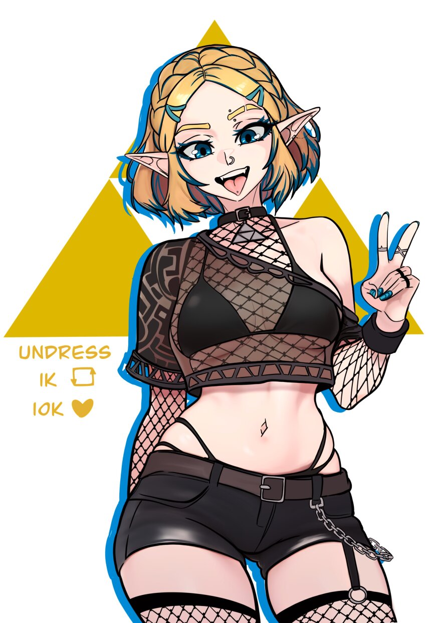 1girl, absurdres, alternate_costume, arm_behind_back, belt, black_bra, black_panties, black_shorts, blonde_hair, blue_eyes, bra, breasts, chain, collar, contrapposto, cowboy_shot, elbow_gloves, eyebrow_piercing, face_piercing, fangs, fishnet_thighhighs, fishnet_top, fishnets, gloves, hair_tie, highleg, highleg_panties, highres, jewelry, large_breasts, legwear_garter, looking_at_viewer, midriff, multiple_rings, nail_art, navel, nintendo, nose_piercing, o-ring, o-ring_legwear_garter, open_mouth, panties, piercing, pointy_ears, princess_zelda, redpostit, ring, short_hair, short_shorts, shorts, solo, the_legend_of_zelda, the_legend_of_zelda:_breath_of_the_wild, thighhighs, tongue, tongue_out, tongue_piercing, triforce, underboob, underwear, v