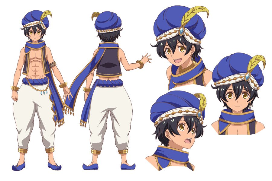 1boy, aladdin_(grimms_notes), arabian_clothes, baggy_pants, black_hair, blue_footwear, full_body, grimms_notes, grimms_notes_the_animation, kawashima_hisashi, male_focus, multiple_views, official_art, open_mouth, pants, pointy_shoes, reference_sheet, shoes, short_hair, simple_background, smile, tan, white_background