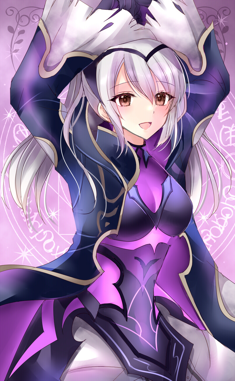 1girl, :d, arms_up, black_gloves, blue_robe, breasts, brown_eyes, female_robin_(fire_emblem)