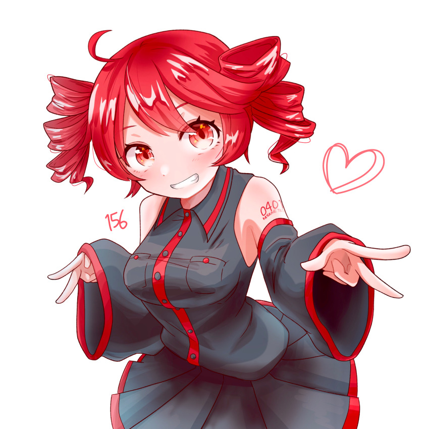 156_hitogoro, 1girl, ahoge, arm_tattoo, black_sleeves, blush, breasts, buttons, collared_shirt, detached_sleeves, double-parted_bangs, drill_hair, grin, hair_between_eyes, hands_up, highres, kasane_teto, kasane_teto_(utau), long_sleeves, looking_at_viewer, medium_breasts, number_tattoo, pleated_skirt, pocket, red_eyes, red_hair, red_trim, shirt, simple_background, skirt, skirt_set, sleeveless, sleeveless_shirt, sleeves_past_wrists, smile, solo, tattoo, three-quarter_sleeves, twin_drills, upper_body, utau, v, w, white_background, wing_collar