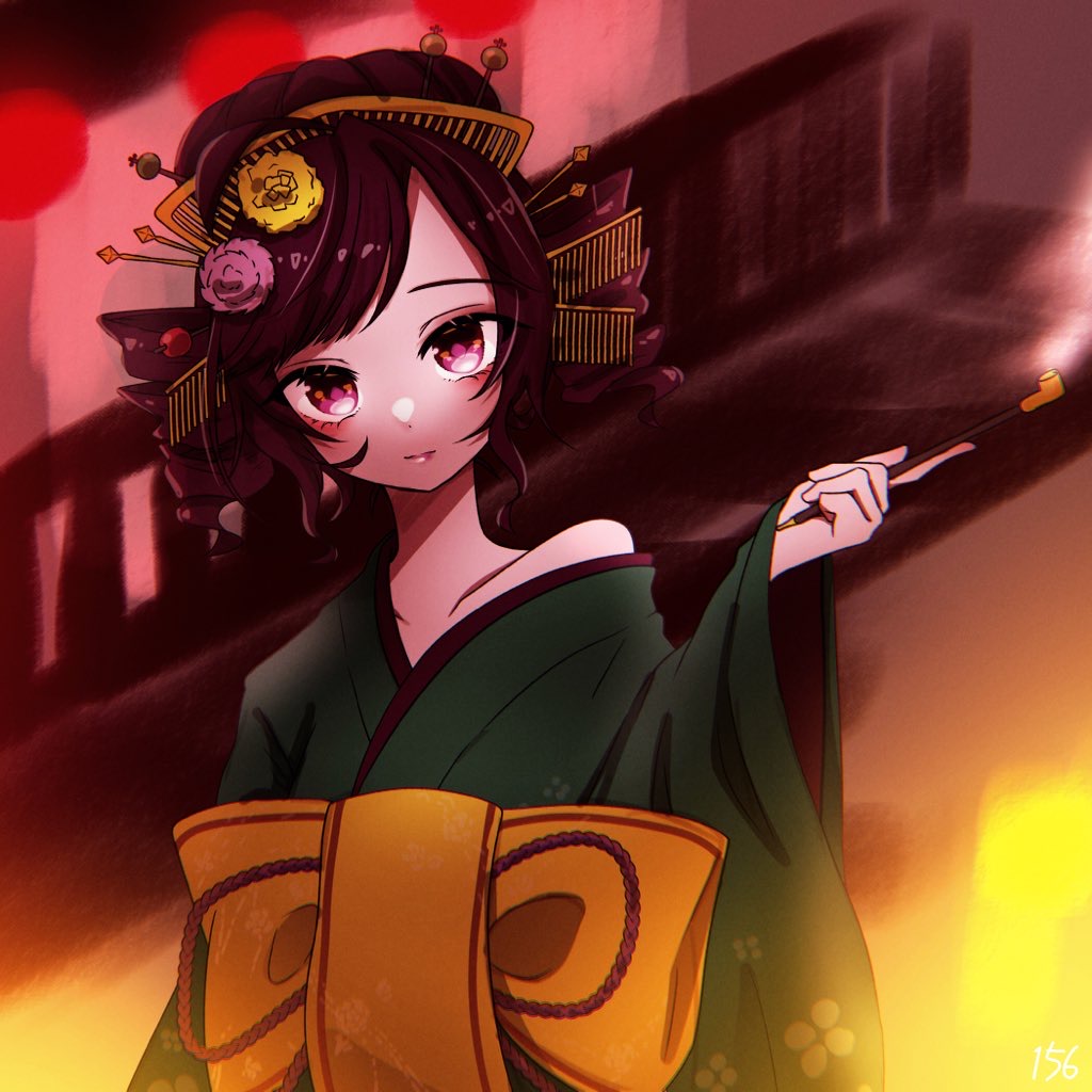 156_hitogoro, 1girl, alternate_costume, alternate_hairstyle, aqua_kimono, arm_at_side, blush, bow, flower, hair_flower, hair_ornament, hair_stick, hand_up, holding, holding_smoking_pipe, huge_bow, japanese_clothes, kanzashi, kasane_teto, kimono, light_smile, long_sleeves, looking_at_viewer, nihongami, outdoors, red_eyes, single_bare_shoulder, sleeves_past_wrists, smoking_pipe, solo, standing, utau, yellow_bow, yoshiwara_lament_(utau)