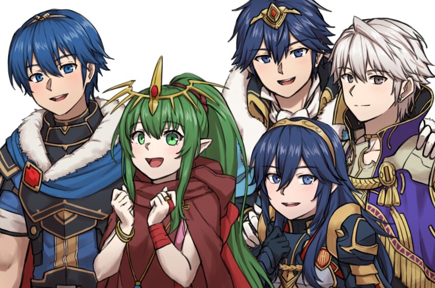 2girls, 3boys, :d, armor, blue_eyes, blue_hair, brand_of_the_exalt, brown_eyes