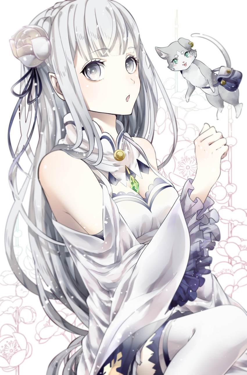 1girl, bag, bare_shoulders, braid, breasts, cat, cleavage, crown_braid