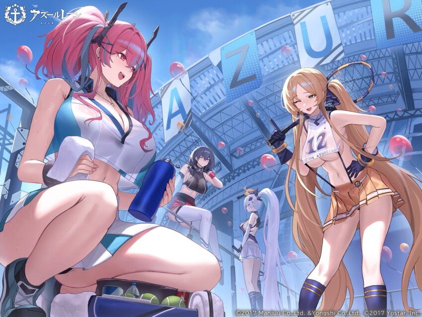 4girls, azur_lane, bare_shoulders, blonde_hair, blush, breasts, bremerton_(azur_lane), bremerton_(scorching-hot_training)_(azur_lane), cleavage, commentary_request, crop_top, crop_top_overhang, green_eyes, grey_hair, hair_between_eyes, hair_intakes, hair_ornament, holding, holding_racket, hornet_(azur_lane), hornet_(cheering_justice!)_(azur_lane), jeze, kearsarge_(azur_lane), large_breasts, long_hair, low_twintails, multicolored_hair, multiple_girls, no_mole, official_alternate_costume, open_mouth, orange_skirt, pink_hair, pittsburgh_(azur_lane), ponytail, racket, red_eyes, second-party_source, shirt, skirt, smile, sportswear, streaked_hair, suspender_skirt, suspenders, tennis_racket, tennis_uniform, twintails, two-tone_shirt, two-tone_skirt, underboob, very_long_hair, white_hair, white_shirt, x_hair_ornament