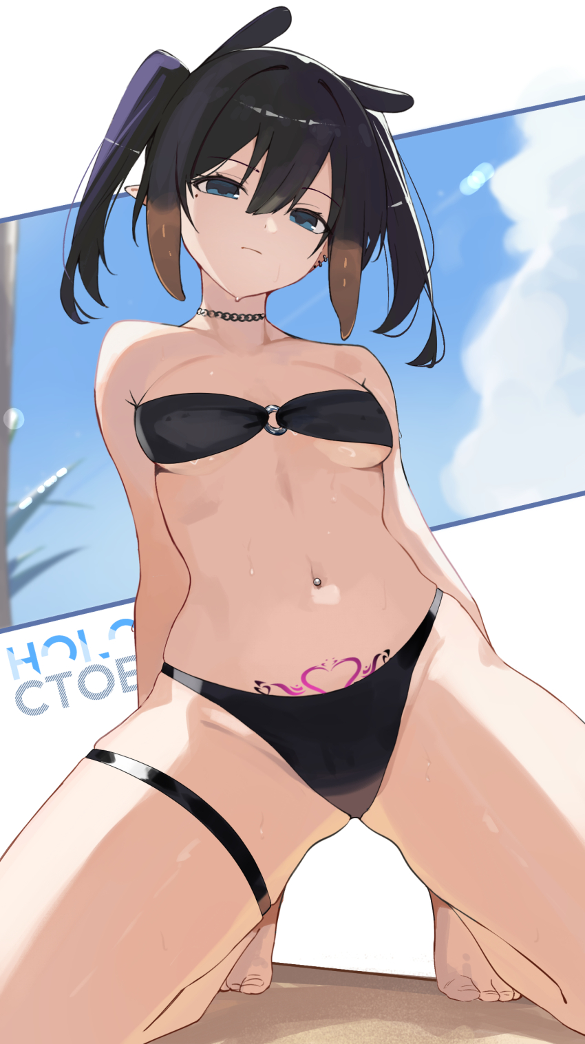 1girl, absurdres, alternate_costume, alternate_hair_length, alternate_hairstyle, barefoot, bikini, black_bikini, black_hair, breasts, closed_mouth, commentary, english_commentary, from_below, hair_between_eyes, highres, hololive, hololive_english, kneeling, ku_roiko, looking_at_viewer, mole, mole_under_eye, navel_piercing, ninomae_ina'nis, o-ring, o-ring_bikini, o-ring_top, orange_hair, piercing, pointy_ears, pubic_tattoo_visible_through_clothes, skindentation, small_breasts, solo, swimsuit, tentacle_hair, thigh_strap, thighs, toes, twintails, virtual_youtuber