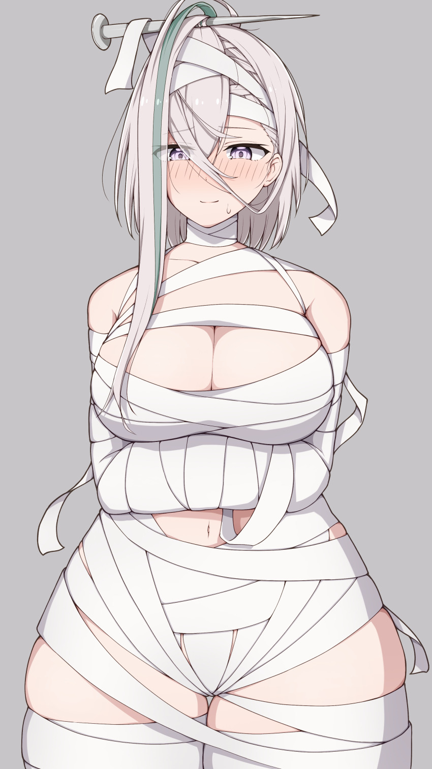 1girl, absurdres, azuki_(ne_4zk), bandages, bare_shoulders, blush, breasts, cleavage