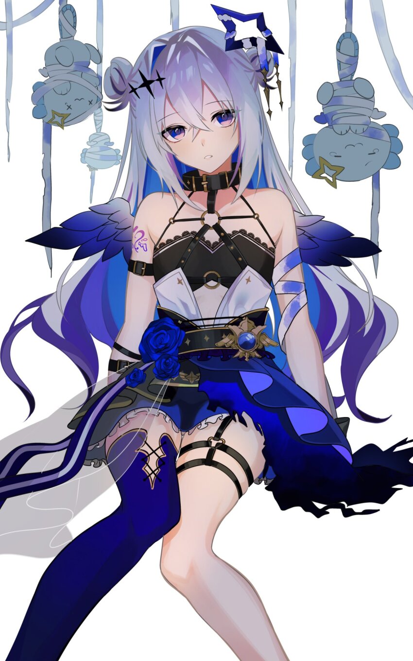 1girl, 8nu4, amane_kanata, amane_kanata_(another_world), angel_wings, animal_collar, arm_strap, bandaged_arm