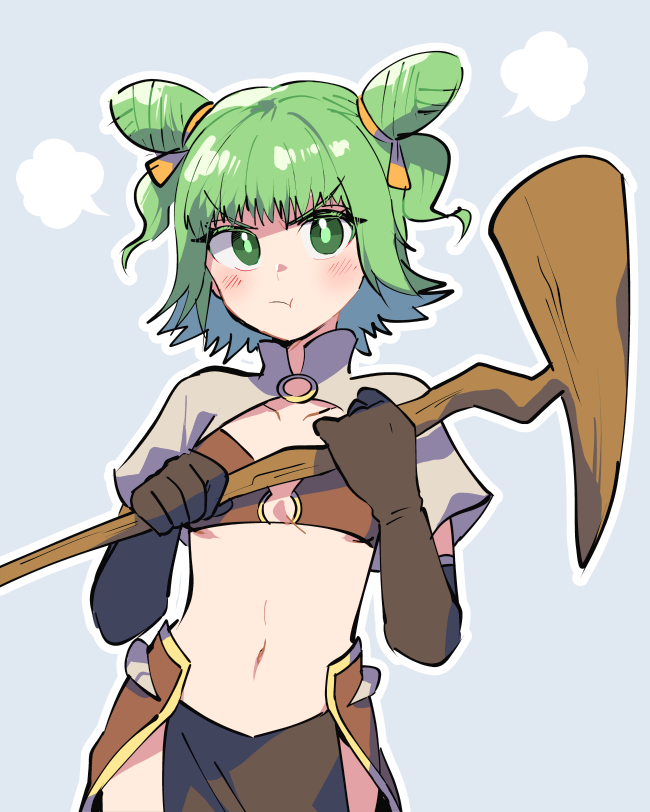 1girl, bikini, bikini_top_only, blush, brown_bikini, brown_capelet, brown_gloves, brown_skirt, capelet, closed_mouth, commentary_request, cone_hair_bun, cowboy_shot, double_bun, elbow_gloves, flat_chest, frown, gloves, green_eyes, green_hair, green_pupils, grey_background, hair_bun, holding, holding_staff, looking_at_viewer, mage_(ragnarok_online), midriff, namosuke_(oetwmkekmz), navel, pelvic_curtain, ragnarok_online, short_hair, showgirl_skirt, simple_background, skirt, solo, staff, swimsuit, v-shaped_eyebrows