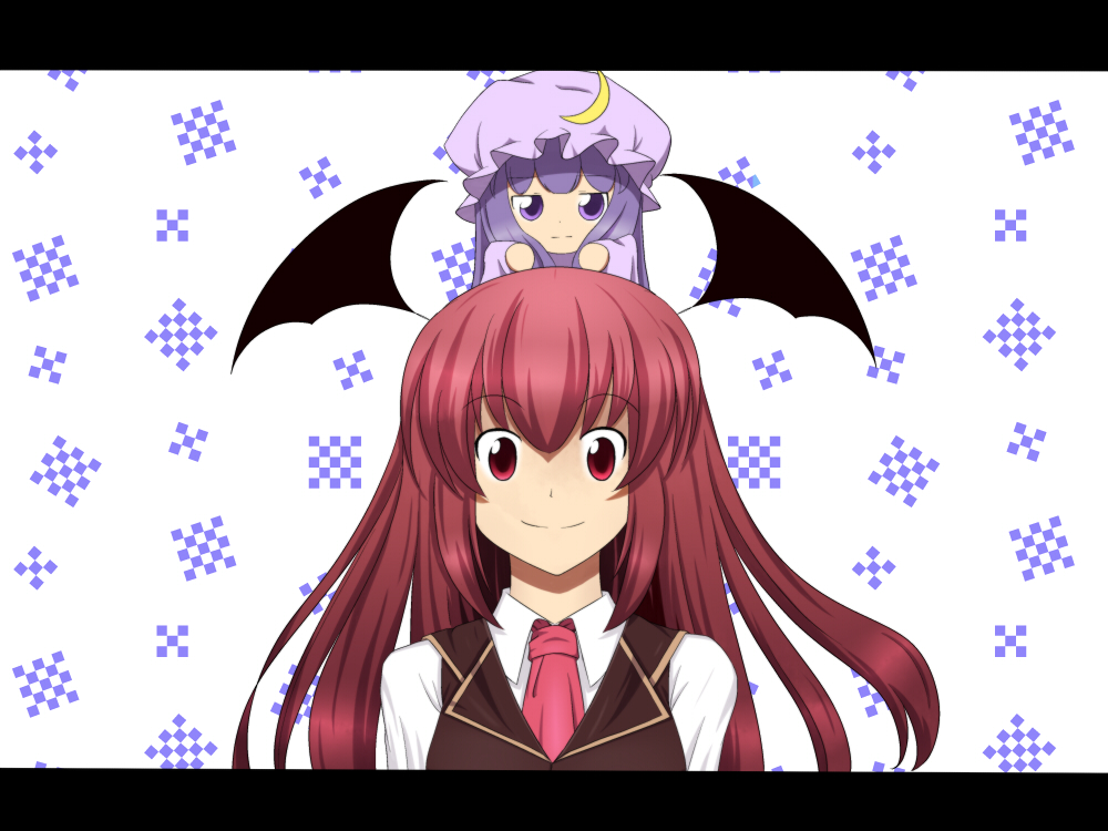 2girls, bad_id, bad_pixiv_id, bat_wings, chibi, chibi_on_head, crescent, destino