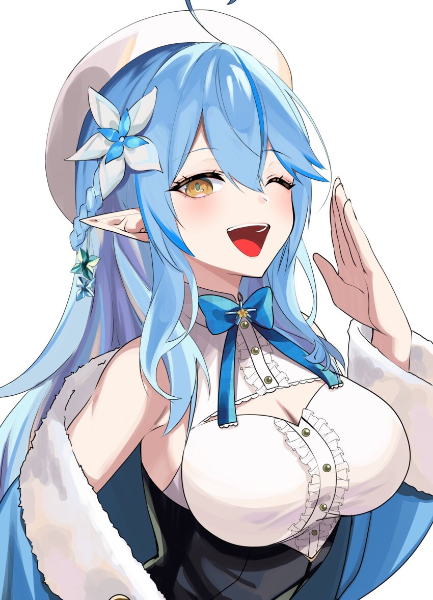 1girl, 8nu4, ahoge, beret, black_corset, blue_bow, blue_bowtie, blue_coat