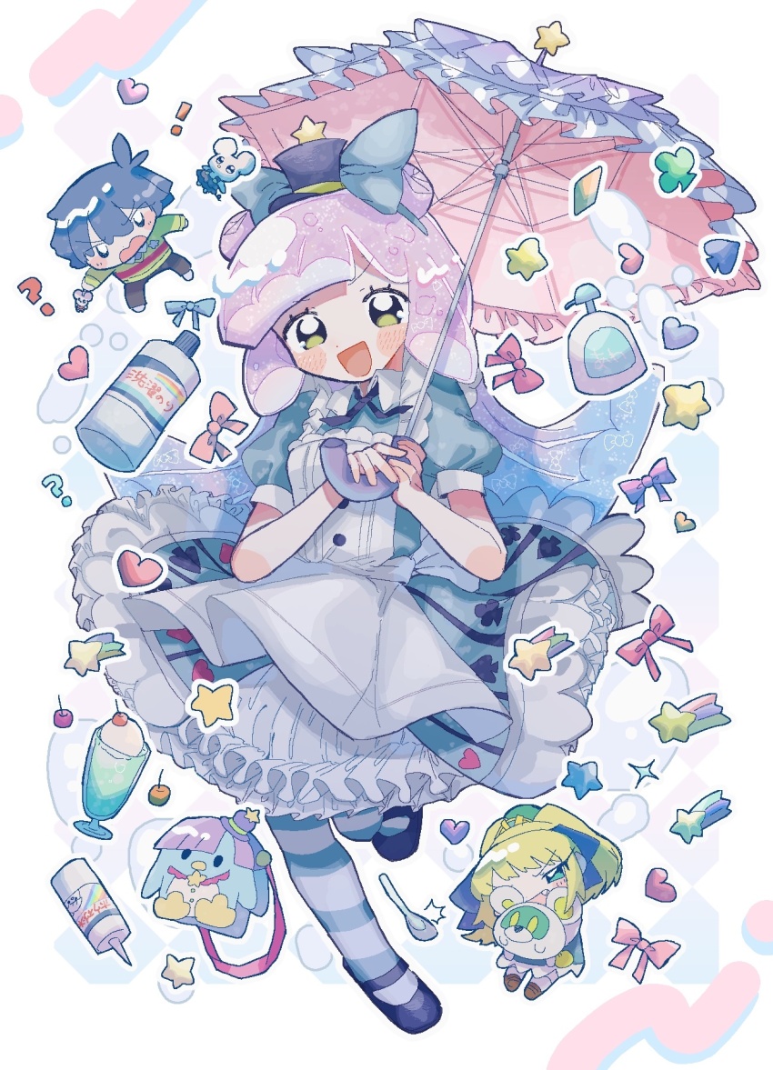 1boy, 2girls, :d, alice's_adventures_in_wonderland, alice_(alice_in_wonderland), alice_(alice_in_wonderland)_(cosplay), apron, black_footwear