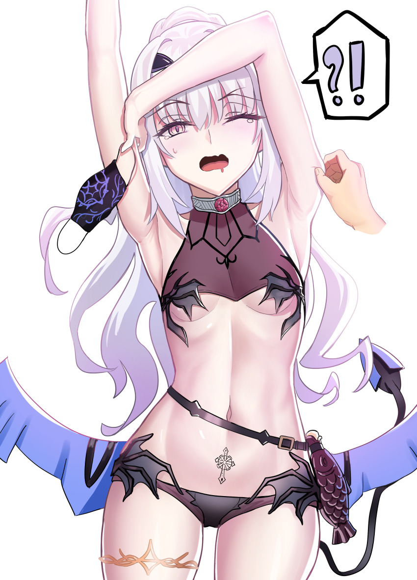 !?, 1girl, absurdres, arm_pinching, armpits, arms_up, bikini, black_bikini, breasts, cowboy_shot, fate/grand_order, fate_(series), forked_eyebrows, hair_between_eyes, high_ponytail, highres, holding, holding_mask, jewelry, long_hair, longdq3008, looking_at_viewer, mask, melusine_(fate), melusine_(swimsuit_ruler)_(fate), mouth_mask, navel, one_eye_closed, open_mouth, ponytail, pubic_tattoo, sidelocks, simple_background, small_breasts, solo, swimsuit, tail, tattoo, tears, thighlet, underboob, white_background, white_hair, wings, yellow_eyes